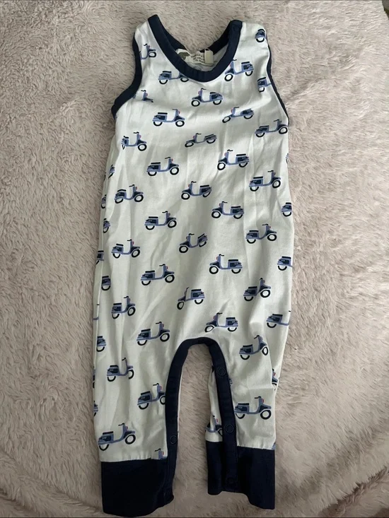 Monica + Andy White Scooter-Print Sleeveless Baby Romper with Navy Trim