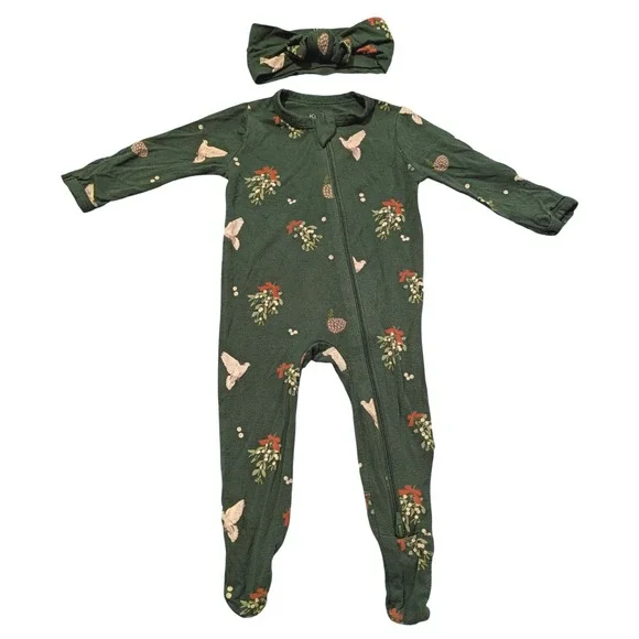 Kyte Baby 0-3M Zippered Footie Bamboo Holiday Christmas Winter Headband Set