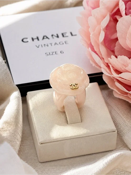 Chanel Pink Camellia Resin Ring with Gold CC Logo - Size 6 vintage