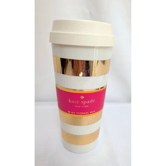 Kate Spade Striped Gold 16 oz Thermal Travel Mug Coffee Cup Hot Gold