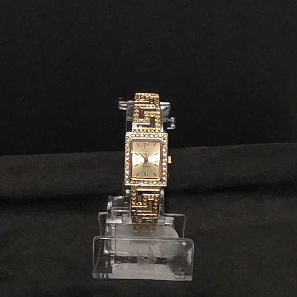 Geneva Bangle Watch Womens OS Gold Tone Greek Key Rhinestone Dress