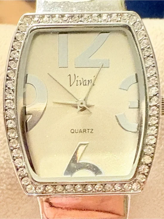 Vivani silvertone bangle style wristwatch rectangular bezel With Rhinestones