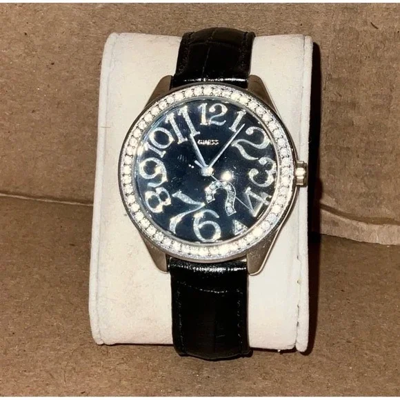 Guess Womens Watch Black Faux Leather Band Y2K Crystal‎ Bezel fashionable