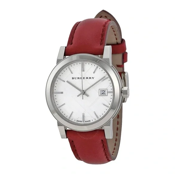 New Burberry BU9129 Silver Dial Red Leather Women's Watch