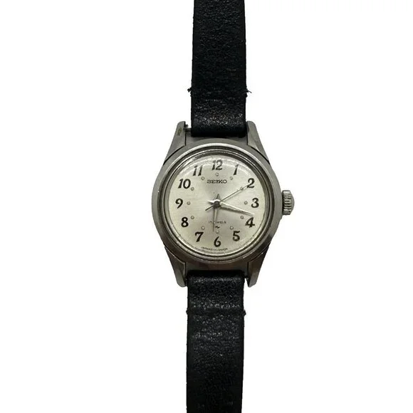 Vtg Seiko 2104-0138 Manual Wind 17Jewels Stainless Steel Womens Watch Black Band
