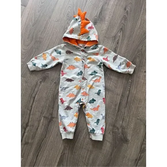 Baby Boys Girls Cartoon Dinosaur Print Hooded Romper Long Sleeve Jumpsuit size 9