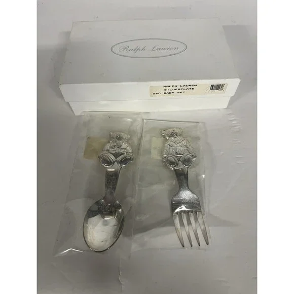 NEW Ralph Lauren POLO BEAR Silverplate 2 PC Set SEALED NOS Baby Fork Spoon Box