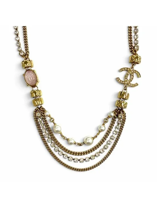 Chanel CC Logo Eco Pearl Stone Crush Chain Necklace Gold Pink White
