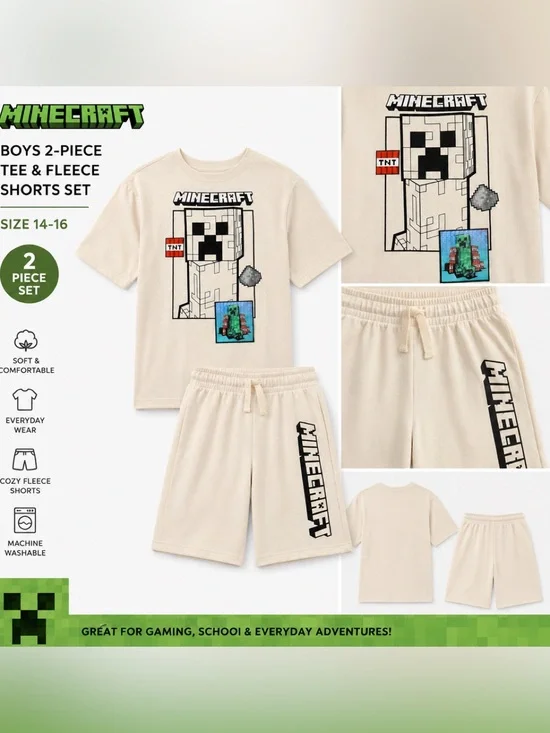 Minecraft Boys Graphic Tee & Fleece Shorts Set | Size 14-16 | 2-Piece | NWT