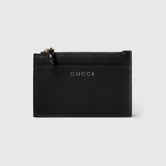Gucci Bamboo Card Case Black Leather Zip Card Holder Wallet BNIB