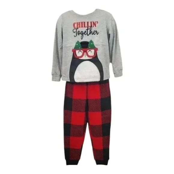 4T Penguin Pajamas Grey Long Sleeve Penguin Top with Plaid Pj Bottoms
