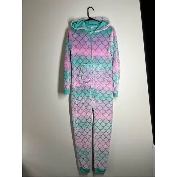 Cat & Jack Mermaid Hoodie Pajama Romper Multicolor Long Sleeve Size XL (…