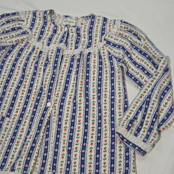 Kittens by Katz Girls Flannel Pajama Top M/L Ditsy Floral Stripe VTG Eyelet Lace