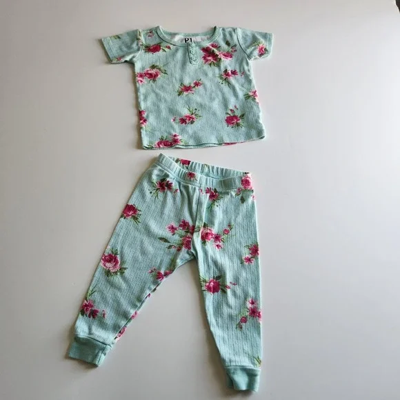 Toddler Girls Floral Pointelle Pajama Set Aqua Pink‎ 18-24m