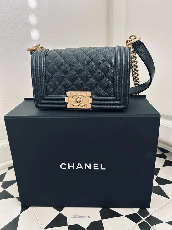 CHANEL Small Boy Bag Black Caviar Leather Brass