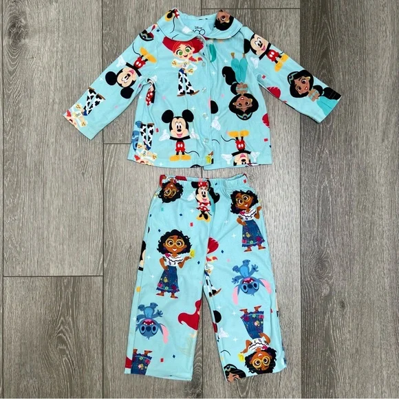 DISNEY 100 2PC LONG SLEEVE BUTTON UP AND PANTS PAJAMA SET BLUE 2T