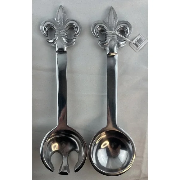 Vintage Fleur de lis‎ Cast Aluminum Salad Tongs Fork Spoon Serving Set India NEW
