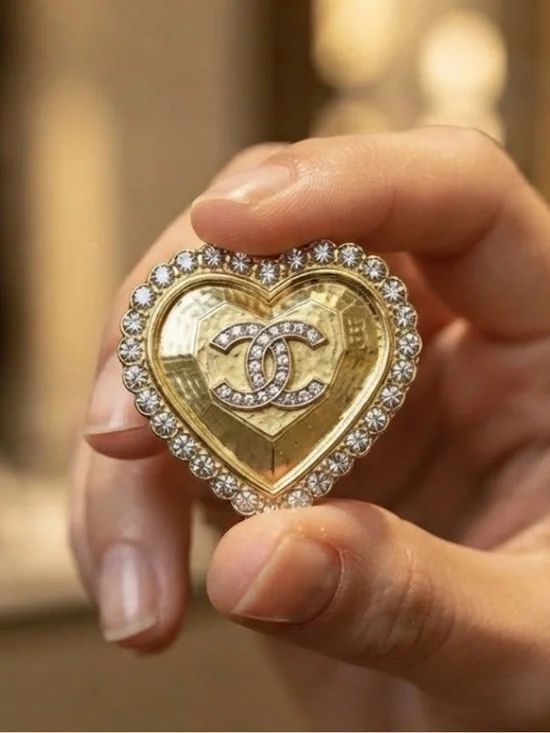 CHANEL Heart Logo Crystal Brooch