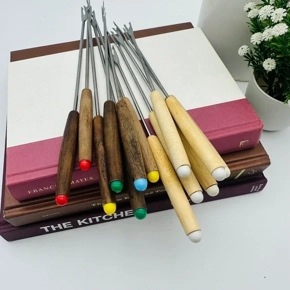 Vintage Mixed Wood Handle Fondue Forks Lot of 13 Mid Century MCM‎ Skewers