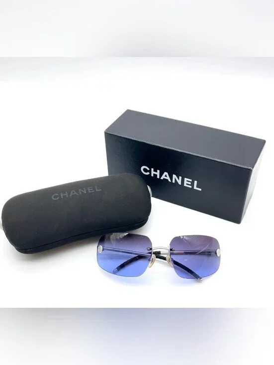 CHANEL Y2K Rimless Blue Gradient Rhinestone CC Mark Sunglasses Wbox