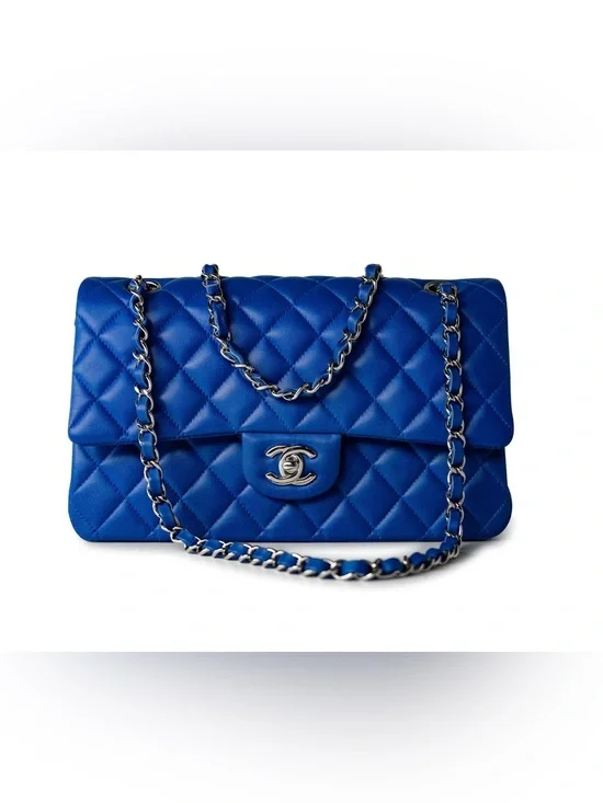 CHANEL Quilted Double Flap Shoulder Bag in Royal Blue with Gold Hardware
