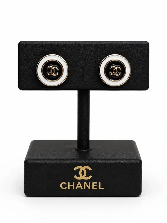 CHANEL Black and White CC Button Earrings