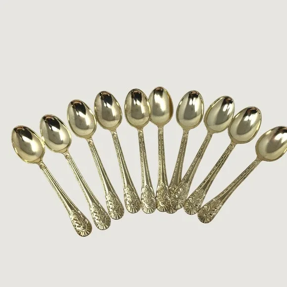 Vintage EP Zinc Gold Tone Ornate Floral Scroll Teaspoons Set of 10 Demitasse