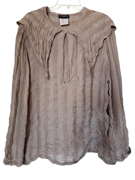 Vintage Chanel 1999A Silk Metallic Gauze Sailor Collar Blouse Taupe CC Button 44