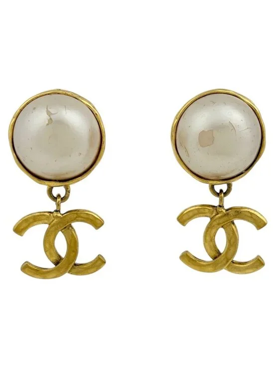 Chanel Earrings CC Logo Swing Faux Pearl Gold