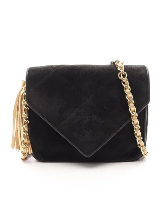 Chanel Shoulder Bag CC Logo Diamond Stitch Black Suede Fringe Mini Chain