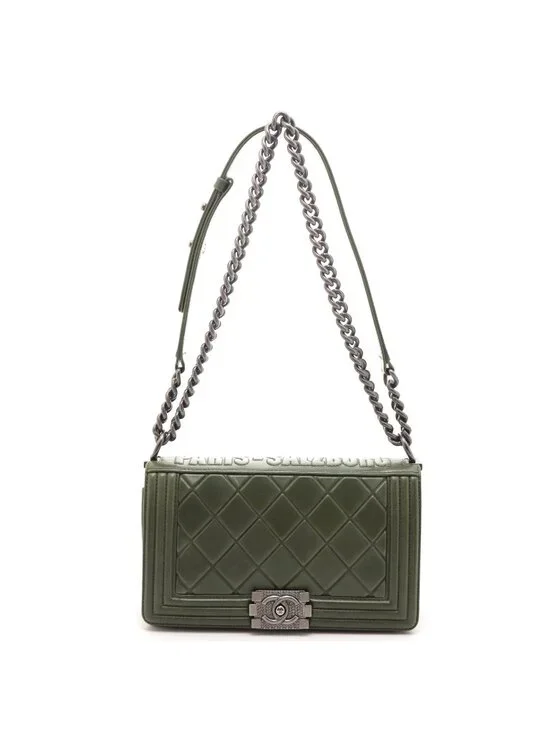 Chanel Boy 25 Quilted Chain Shoulder Green Silver Calfskin Bag