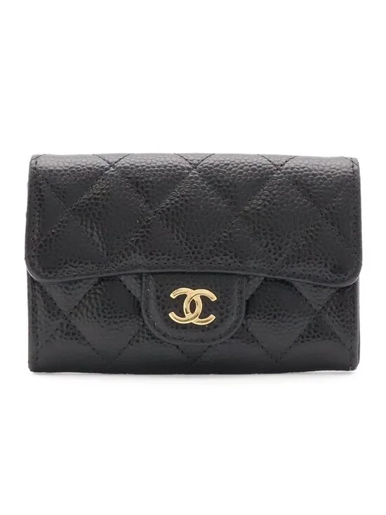 Chanel Quilted Classic Flap Card Case CC Logo Business Caviar Leather Black Gold