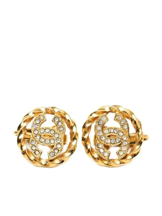 Chanel CC Logo Round Earrings Gold Plated Rhinestone