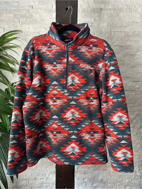 The North Face Men’s Red, Teal & White Aztec Southwestern Half-Zip Fleece Size L