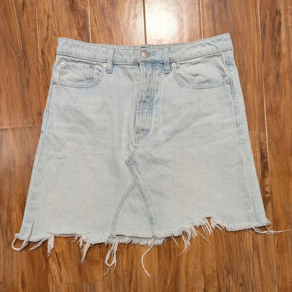 Free‎ People Going Rogue Asymmetrical Hem Distressed Denim Skirt Women's 29