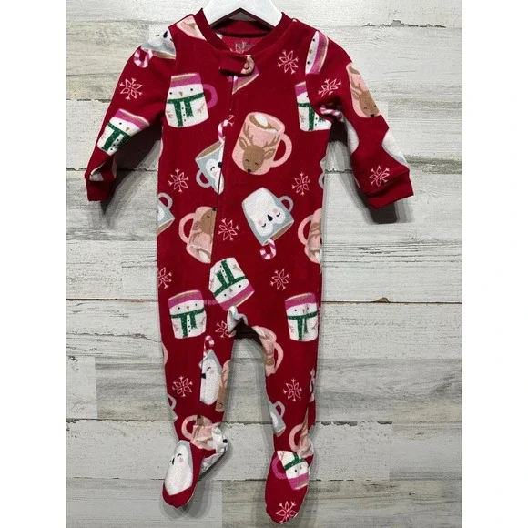 Carters Footed Pajamas Girls 12M Red Fleece Hot Cocoa Winter Holiday EUC