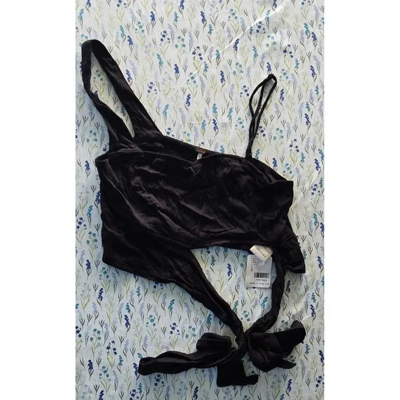 Free People Black One‎ Shoulder Tie Front Crop Top OB1486668 NWT Womens Size S