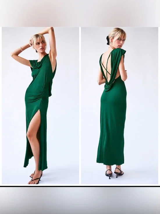 Free People‎ Roxanne Dress Stretchy Slouchy Lagenlook Emerald Green Medium