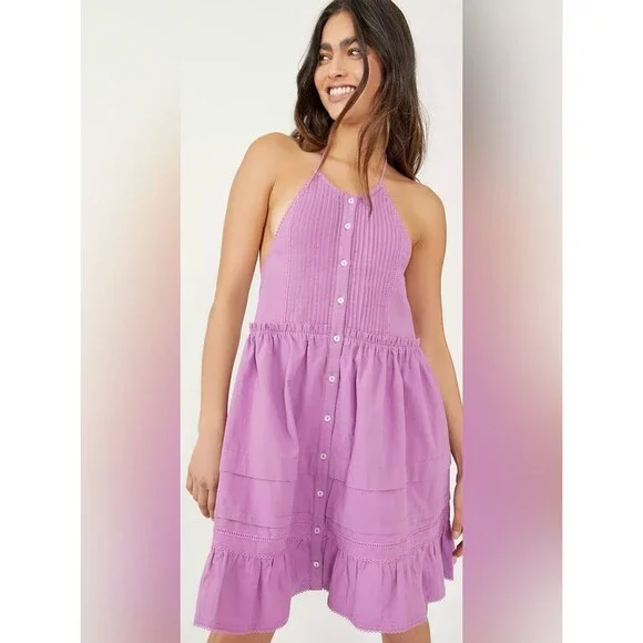 Free People Desert Days Mini Dress M Orchid Pink Halter Open Back Boho Cotton