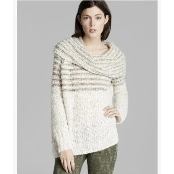 Free‎ People Engineer Stripe Cowl Neck Sweater Natural Size S Open Knit Oversize