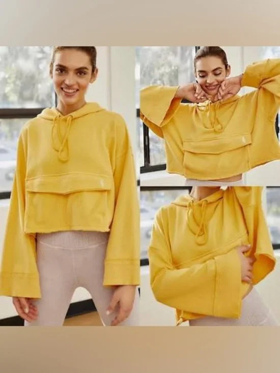 FP Movement Rapids Cropped Hoodie Dandelion Yellow Flared Bell Sleeve Small S
