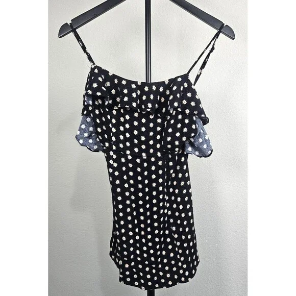Free People XS Black Daisy Print Cold Shoulder Top Ruffle Trim Boho Rayon‎ Cami