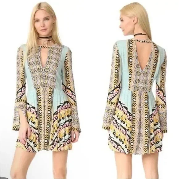 FREE PEOPLE | Teagan Boho Mini Dress Blue Yellow Pink Print Women’s Size 4