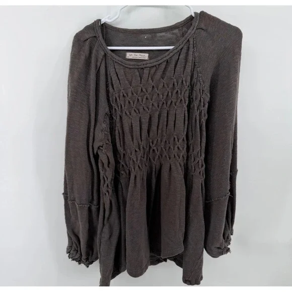 We The Free Free People‎ Grey Smocked Knit Long Sleeve Top XS/S OB1874520