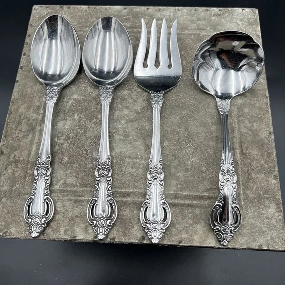 Vtg Oneida Michelangelo Stainless Serving Set 4 Pc Ladle Meat Fork Soup Spoons