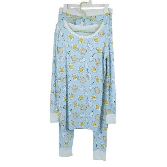 Little Sleepies Blue Breakfast Pajama 2 Piece Bamboo Set Egg Toast Milk Sz 12/14