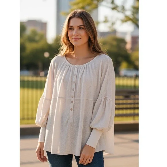Free People Oversized Knit Balloon Sleeve‎ Blue Bell Henley XS Beige Long Sleeve