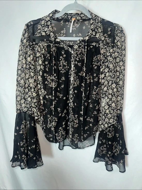 Free People Black Sheer Floral Tie-Front Blouse