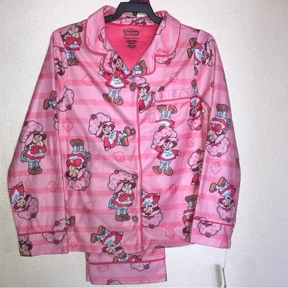Strawberry Shortcake Pink Kids Flannel Pajama‎ Set Flame Resistant M 7/8 New