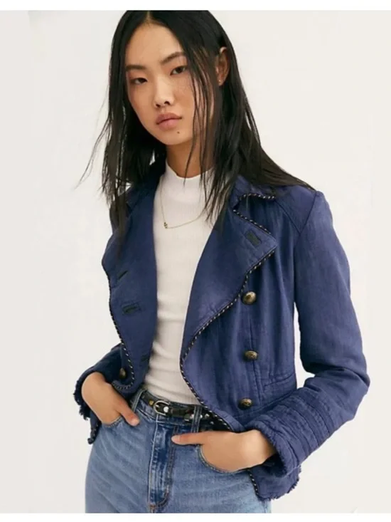 Free People Night Sky Cadet Military Linen Blazer Jacket
